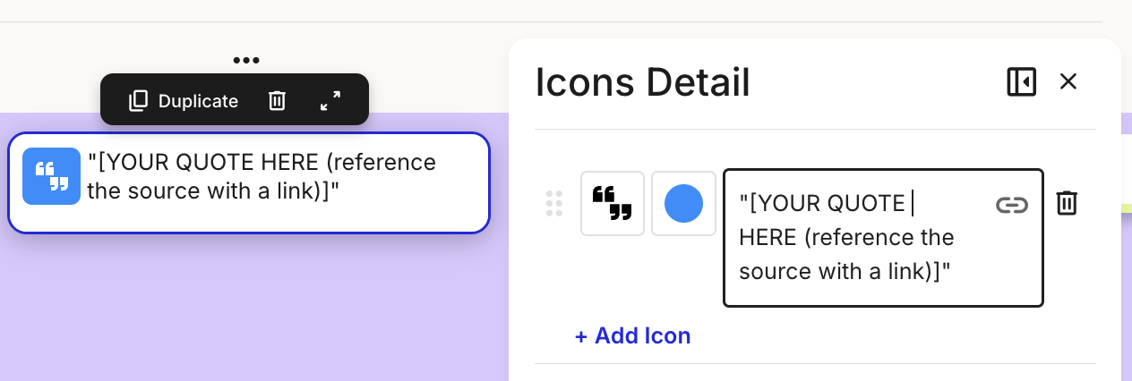 Improved icon card layout with a quotes template