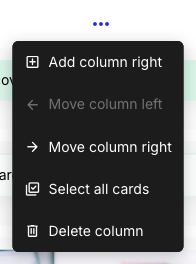 A column header three-dot menu open in the journey map editor, listing Add column right, Move column left, Move column right, Select all cards, and Delete column.