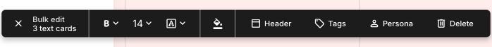 The bulk action bar at the bottom of the journey map editor, labeled 'Bulk edit, 3 text cards'. It shows formatting controls followed by Header, Tags, a Persona action with a person icon, and Delete.