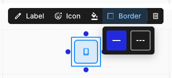 The Border menu open from a shape card's toolbar, offering two options: a solid line, currently selected and highlighted blue, and a dashed line.