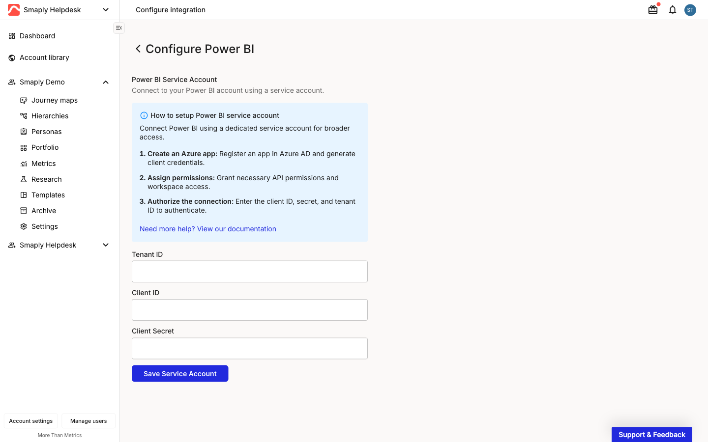 Configure Power BI page in the unconfigured state, headed Power BI Service Account, with a How to setup Power BI service account info panel above empty Tenant ID, Client ID, and Client Secret fields and a Save Service Account button.