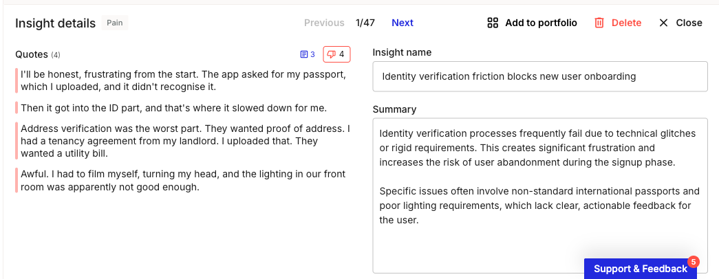 Insight details panel. The left side lists the insight's linked quotes; the right side has editable Insight name and Summary fields. The top row has Previous and Next navigation, a position counter, and Add to portfolio, Delete, and Close actions.