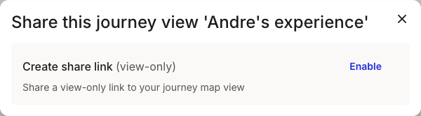 The share panel for a saved view, titled Share this journey view, with a Create share link (view-only) row and an Enable action.