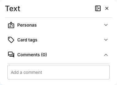 A card details panel with Personas, Card tags, and Comments sections. The Comments section is expanded and reads Comments (0), with an empty Add a comment field below it.