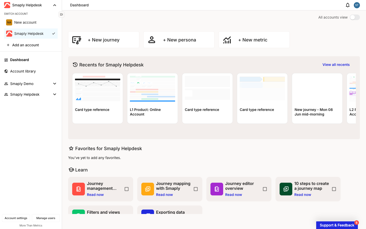 The account switcher dropdown at the top of the left sidebar, headed SWITCH ACCOUNT, listing the accounts the login belongs to with the active one checked and a + Add an account option at the bottom.