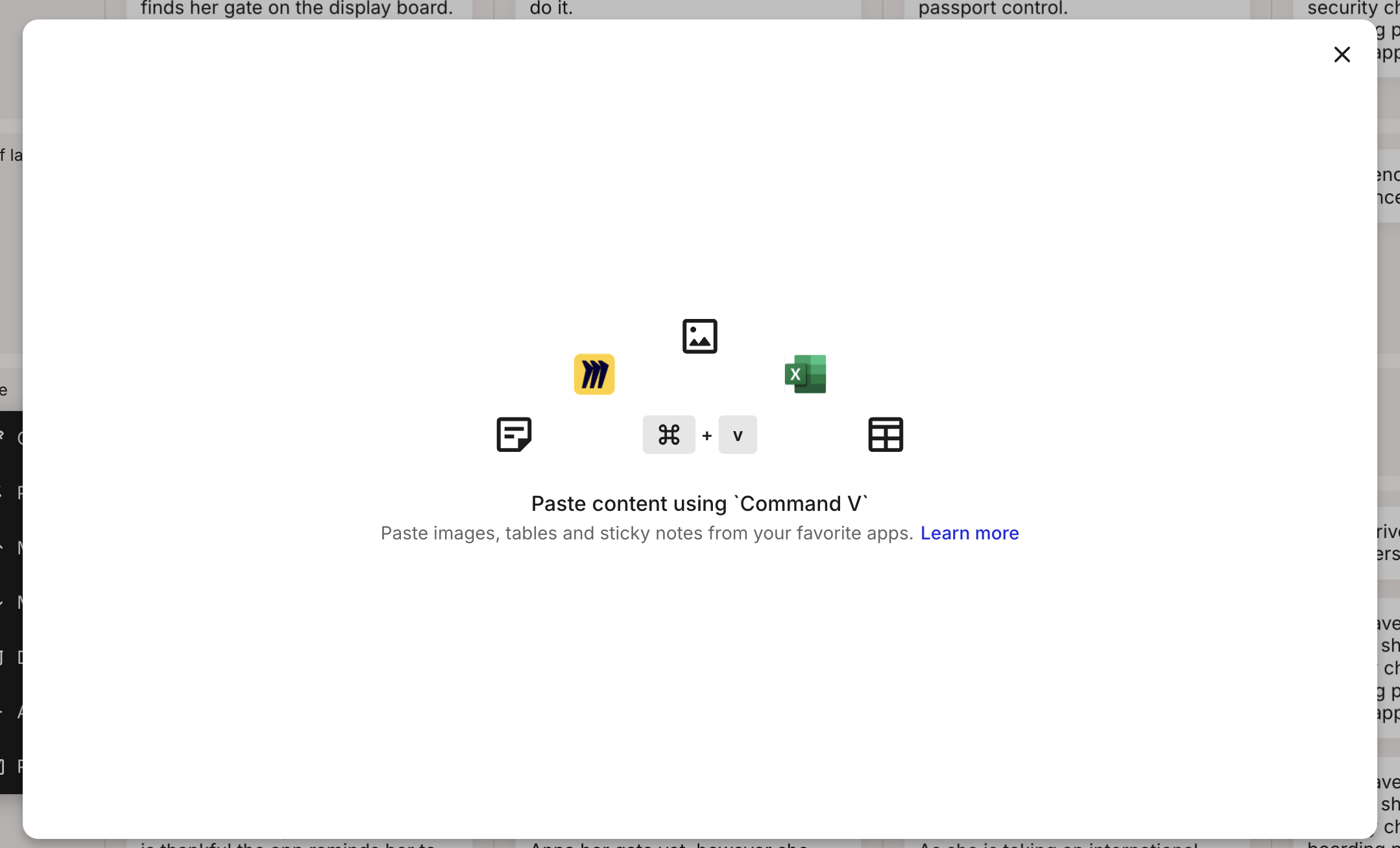 A full-screen paste prompt over a journey map reading Paste content using Command V, with icons for Mural, Excel, images, sticky notes, and tables, and the subtitle Paste images, tables and sticky notes from your favorite apps.