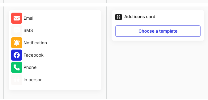A populated icon card next to a new, empty icon card. The new card reads Add icons card with a Choose a template button.