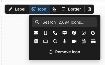 The icon picker open from a shape card's toolbar, with a search field reading Search 12,094 icons, two rows of suggested icons including an envelope, a phone, a camera, and a calendar, and a Remove icon button at the bottom.