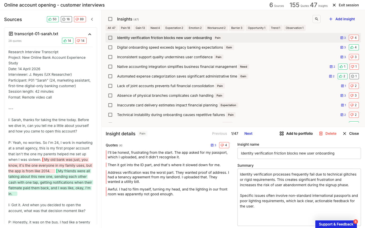 An expanded transcript in the Sources panel. Passages of the interview are highlighted in green and pink, marking the quotes the AI extracted and the sentiment it assigned to each.
