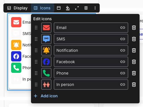 The Edit icons popover listing six icon rows (Email, SMS, Notification, Facebook, Phone, In person), each with a drag handle, an icon swatch, a label field, a link icon, and a delete icon, with an Add icon link below.