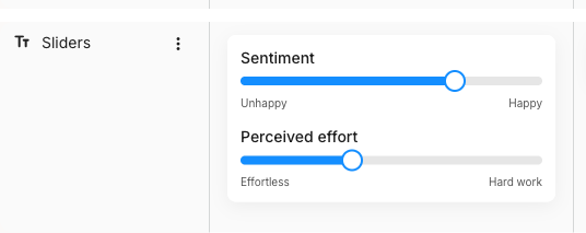 One slider card holding two sliders. The first, titled Sentiment, has its handle a little past the middle between Unhappy and Happy. The second, titled Perceived effort, has its handle left of centre between Effortless and Hard work.