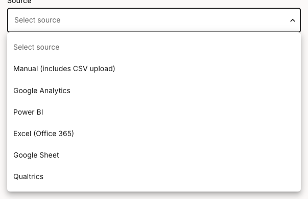 The Source dropdown open, listing Manual (includes CSV upload), Google Analytics, Power BI, Excel (Office 365), Google Sheet, and Qualtrics.