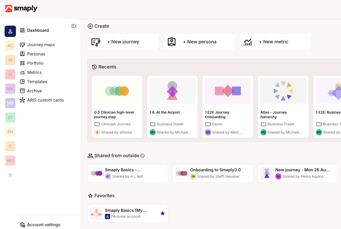 Personal dashboard showing accounts, workspaces, and recent activity