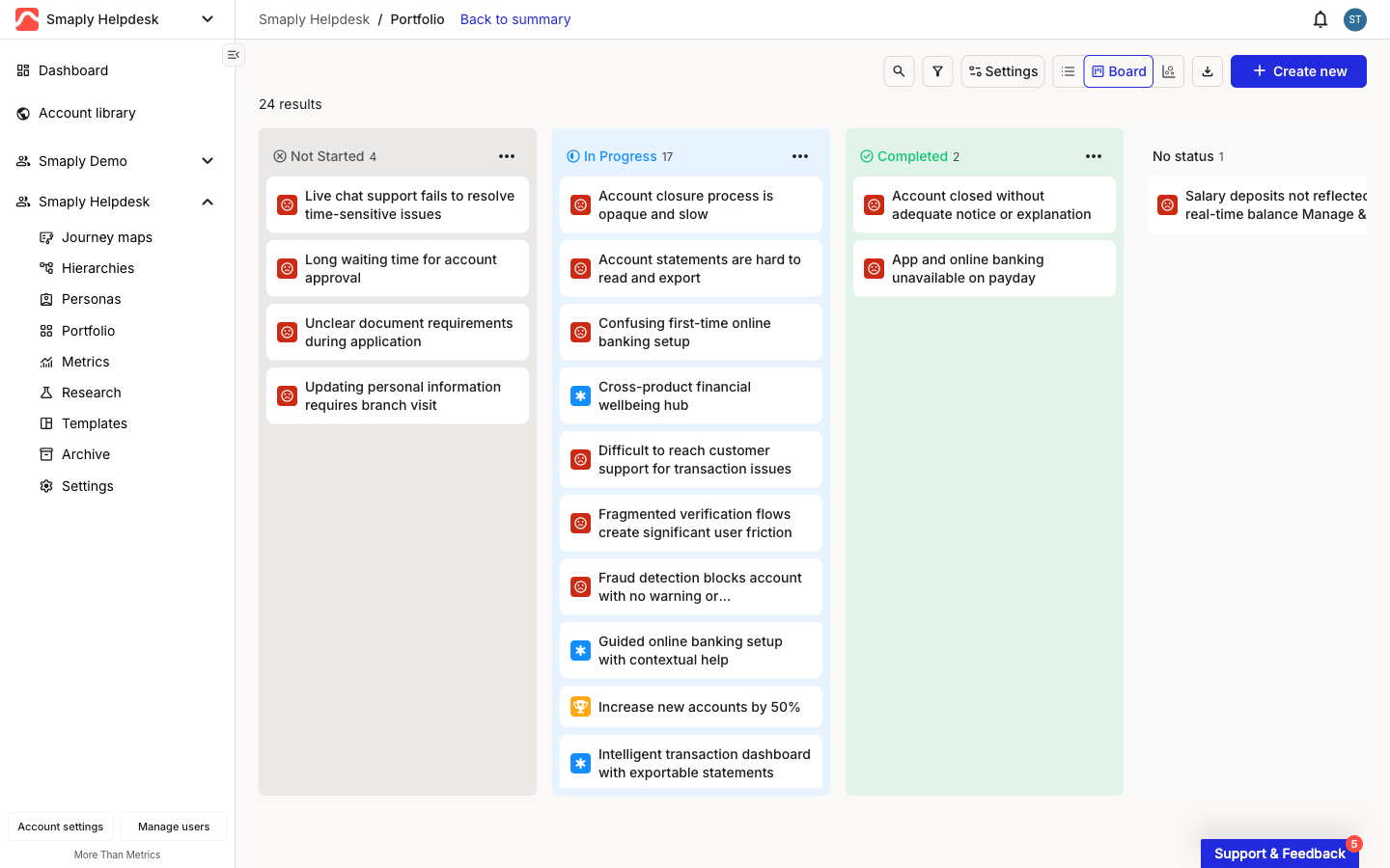 The portfolio Board view with items laid out in kanban columns by status, each card showing a type icon and title.