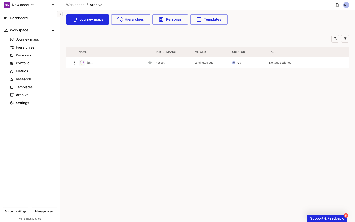 The workspace Archive section with the Journey maps tab selected. One archived map named 'test' is listed with columns NAME, PERFORMANCE, VIEWED, CREATOR, TAGS.
