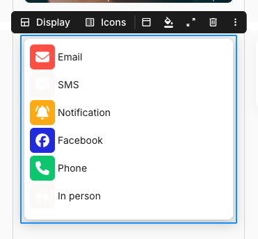 The floating toolbar above a selected icon card, showing Display and Icons buttons followed by card header, fill, show card details, delete, and a three-dot overflow menu.