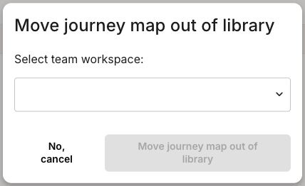 A dialog headed Move journey map out of library with a Select team workspace dropdown and a confirm button that stays disabled until a workspace is chosen.