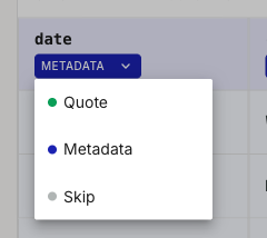 An open column role menu on the date column header, showing three options: Quote, Metadata, and Skip.