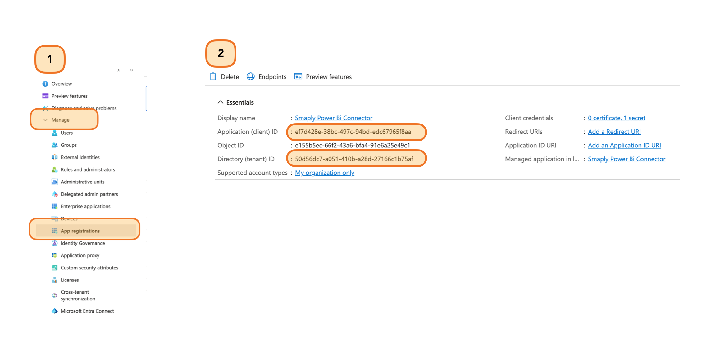 Microsoft Entra ID navigation with Manage > App registrations highlighted alongside the registered app's Overview page. The Application (client) ID and Directory (tenant) ID values are highlighted.