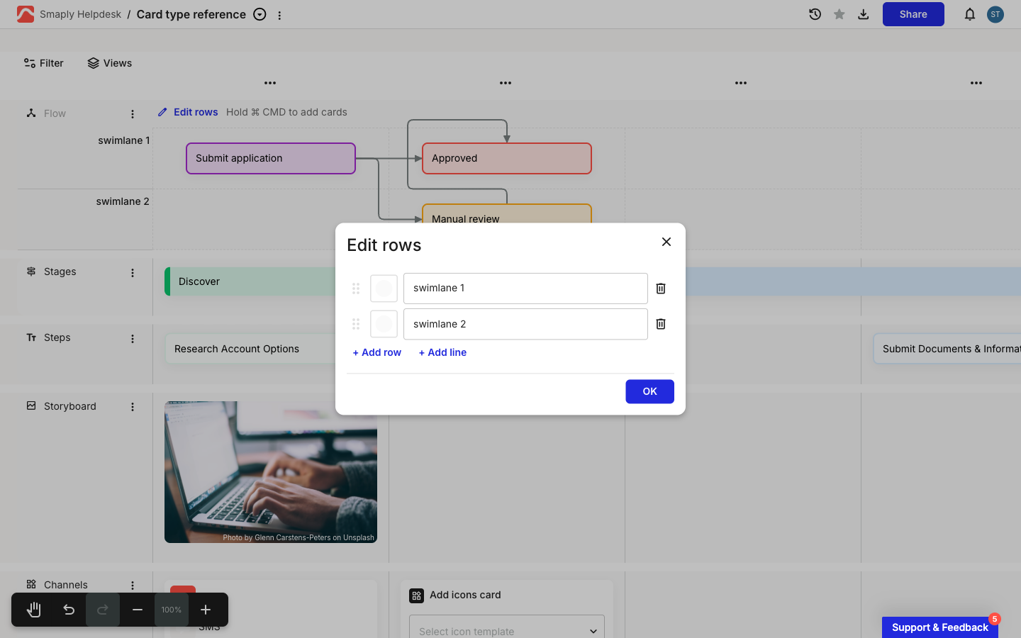 The Edit rows dialog for a flow lane, listing swimlane 1 and swimlane 2, each with a drag handle, colour swatch, name field, and delete icon, plus + Add row and + Add line links and an OK button.
