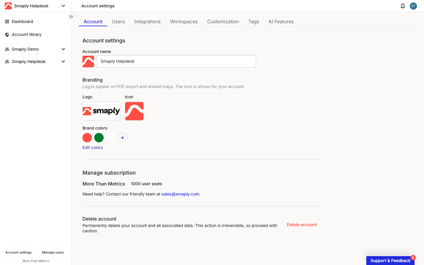 The Account tab of Account settings. The Branding section shows a Logo upload, an Icon upload, and a row of brand color swatches with a plus button and an Edit colors link.