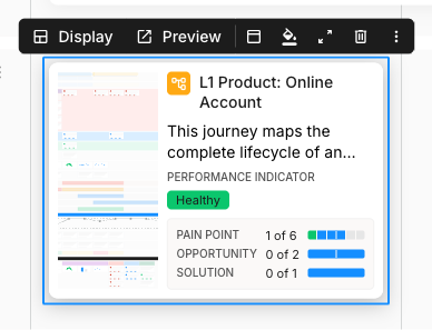 A selected linked journey map card with a blue selection border and its floating toolbar above. The toolbar shows Display and Preview on the left, then the shared card header, fill, show card details, delete, and three-dot overflow controls.