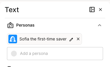 The Personas section of a card details panel with Sofia the first-time saver assigned. Her chip shows the blue avatar, her name, an edit pencil, and a remove x. An empty Add a persona field sits below for assigning more.