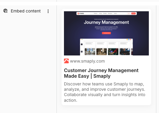 An embed card on a journey map showing a rich link preview of a website: a page thumbnail, the site favicon and URL, the page title, and a short description. The card sits in a lane labelled Embed content.