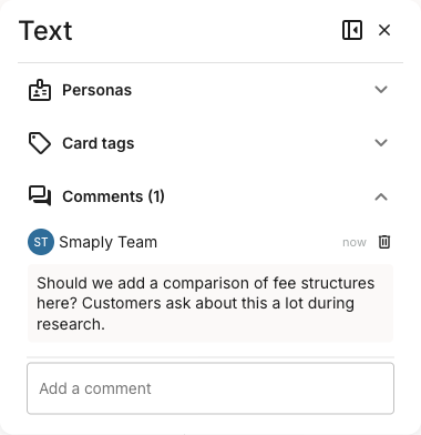A posted comment under a Comments (1) heading, attributed to Smaply Team with a now timestamp and a delete icon, followed by an empty Add a comment field ready for the next comment.