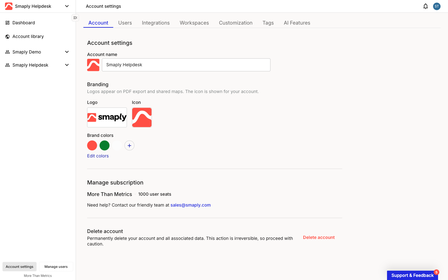 Account Settings open on the Account tab, with the seven-tab strip across the top: Account, Users, Integrations, Workspaces, Customization, Tags, and AI Features.