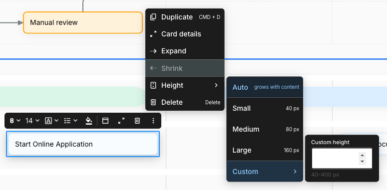 The Custom height option open in the Height submenu, showing a number input labelled Custom height in pixels with helper text reading 40-400 px.