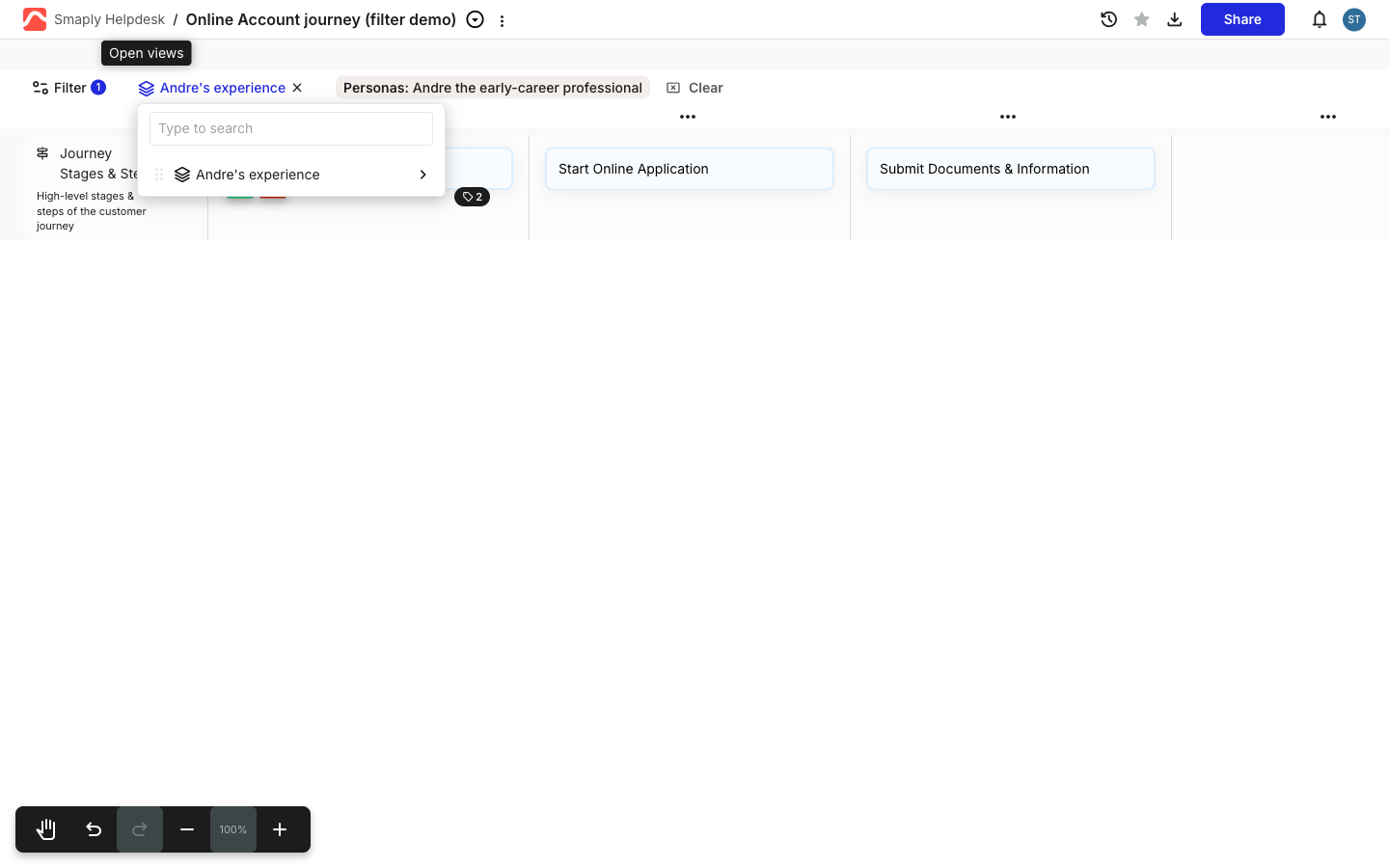 The Views dropdown open on a journey map. It has a 'Type to search' box at the top and one saved view row, 'Andre's experience', with a drag handle on its left and a chevron on its right. The Views button in the bar has been relabelled to the active view's name with an x to clear it.