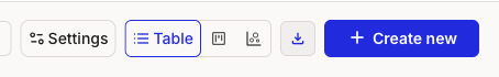 The right side of the portfolio Table toolbar showing a Settings button, the Table / Board / Chart view switcher with Table active, a download icon, and a + Create new button. The download icon exports the table as CSV.