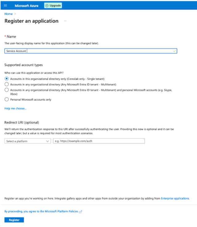 Azure Register an application form with a Name field, Supported account types set to single tenant, and an empty Redirect URI section.