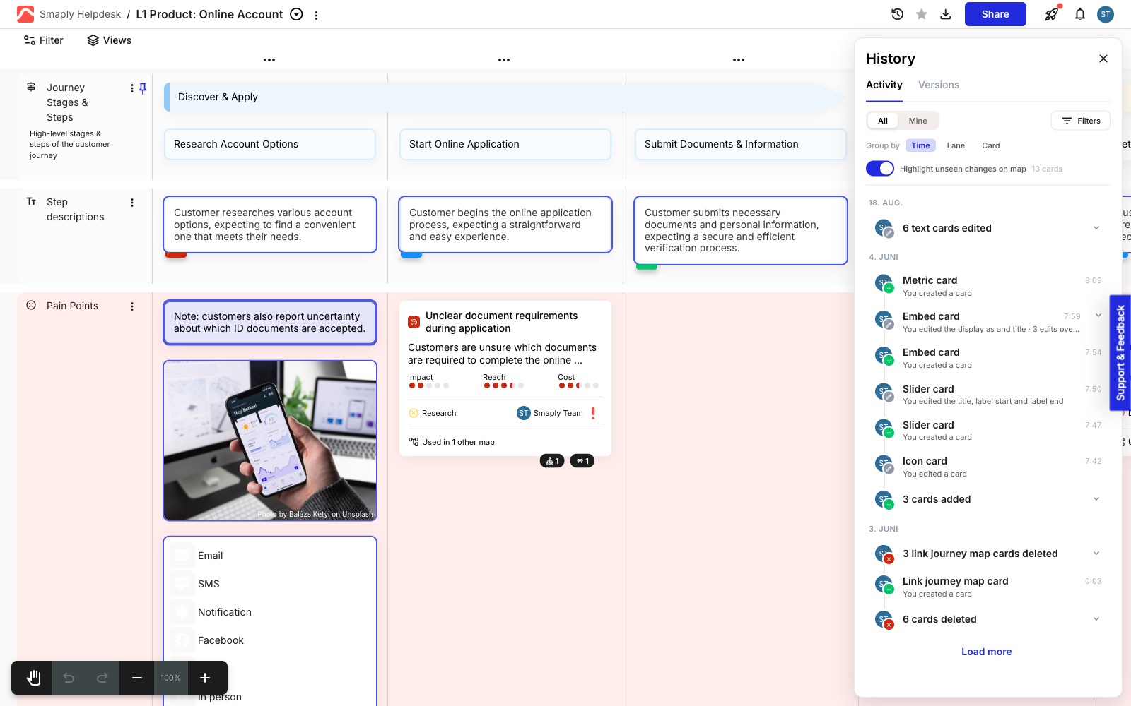 A journey map canvas with several cards outlined in a blue border, marking cards with changes the current viewer hasn't seen yet. The History panel is open on the right with the Highlight unseen changes on map toggle switched on.