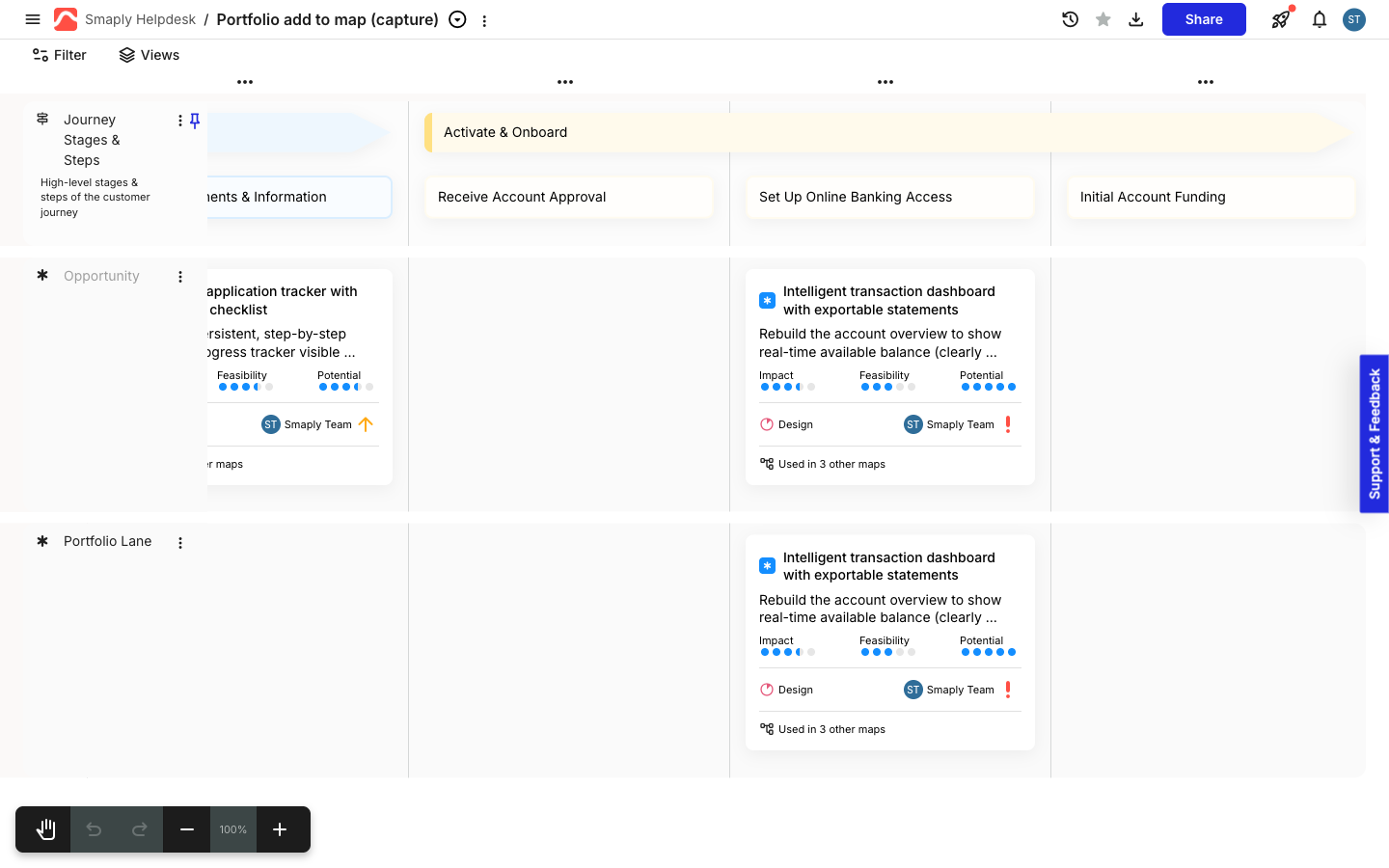 Two cards for the same portfolio item on a journey map, in different lanes but the same column, with no warning shown.