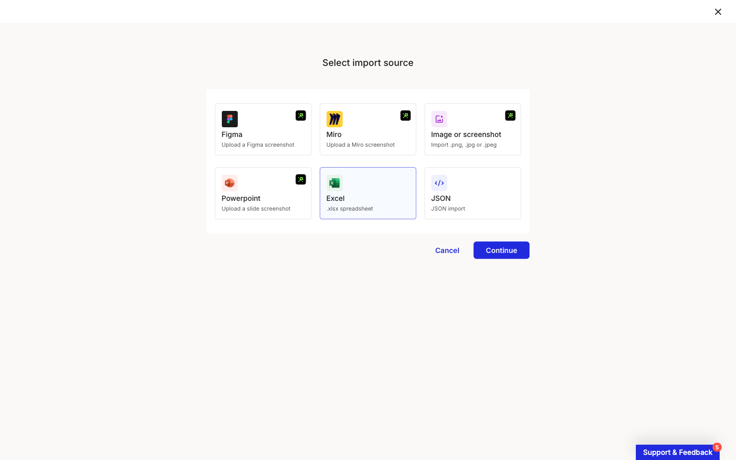 The Select import source modal showing six cards: Figma, Miro, Image or screenshot, and Powerpoint marked with an AI icon, plus a JSON card labelled JSON import. The Excel card labelled .xlsx spreadsheet is selected and highlighted, and the Continue button at the bottom is enabled next to Cancel.
