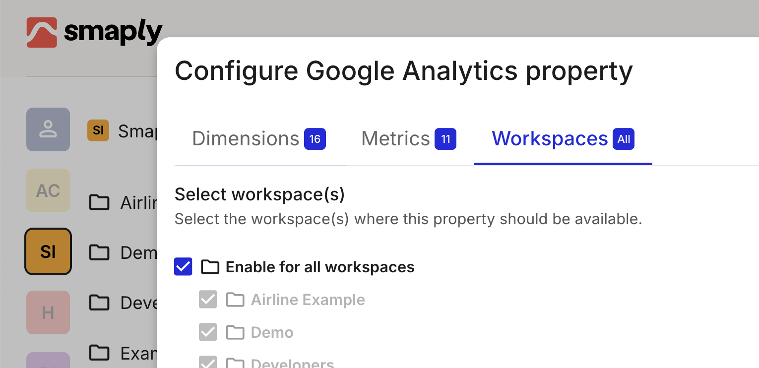 Selecting which workspaces have the Google Analytics integration enabled