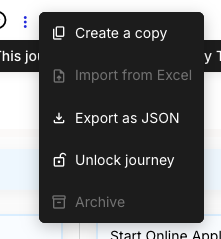 The editor's title menu on a locked map, showing Create a copy, a greyed-out Import from Excel, Export as JSON, Unlock journey with an open-padlock icon, and a greyed-out Archive.