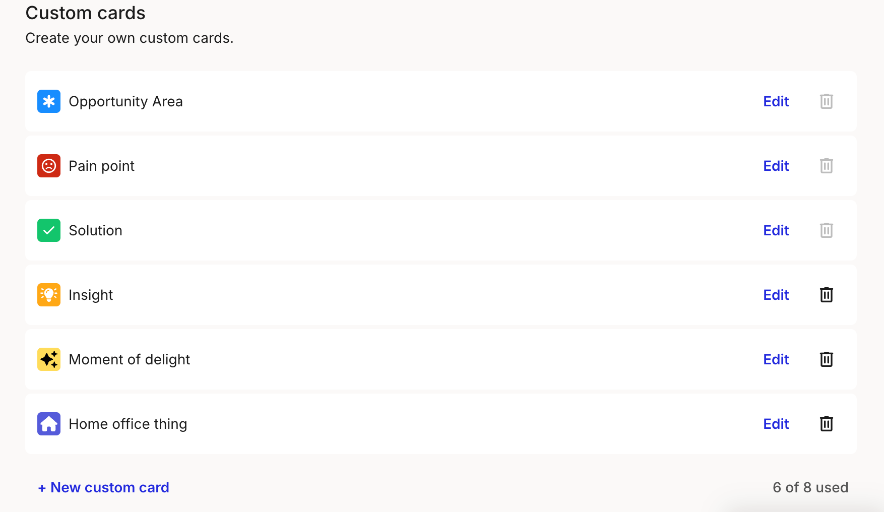 Custom cards settings listing custom card types