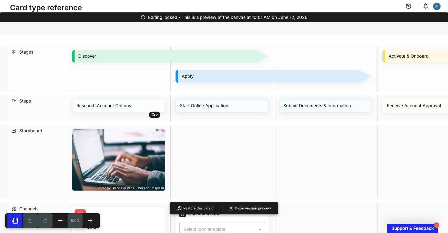 A past version open as a read-only preview. A black Editing locked banner runs across the top, and a floating toolbar at the bottom shows Restore this version and Close version preview.