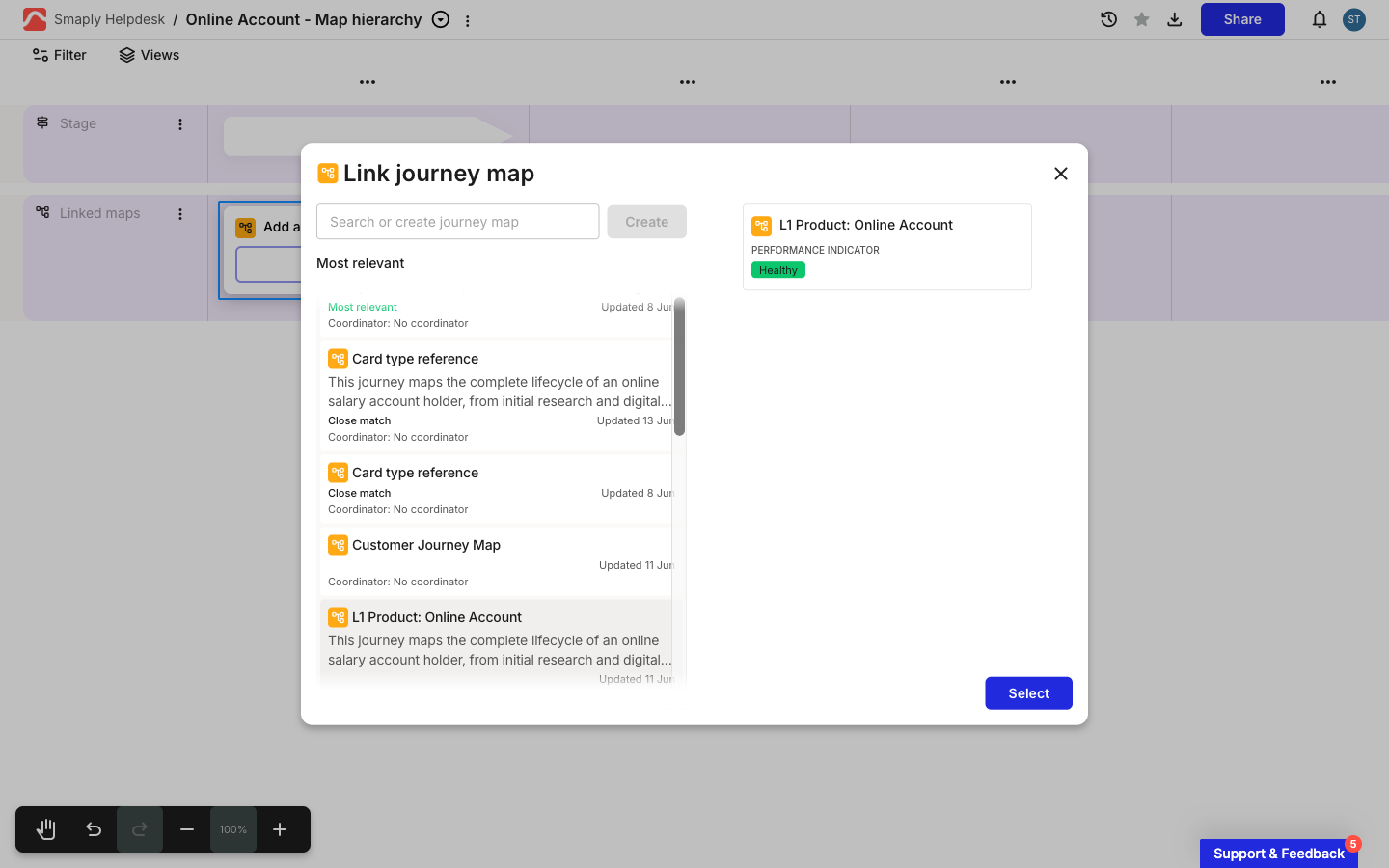 The Link journey map dialog with a map selected in the results list. The right pane previews the linked node showing the map name and a Healthy performance indicator. A blue Select button confirms the choice.