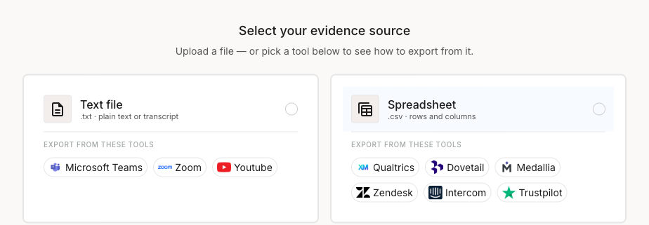 The Select your evidence source screen with two cards. The Text file card lists .txt, plain text or transcript, with export shortcuts for Microsoft Teams, Zoom, and Youtube. The Spreadsheet card lists .csv, rows and columns, with export shortcuts for Qualtrics, Dovetail, Medallia, Zendesk, Intercom, and Trustpilot.