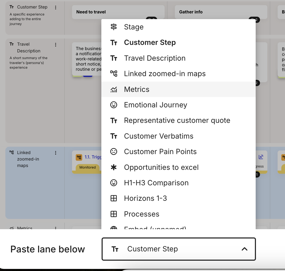 The paste banner at the bottom of the journey map editor, labelled Paste lane below, with an open dropdown listing destination lanes such as Stage, Customer Step, Travel Description, Linked zoomed-in maps, Metrics, and Emotional Journey.