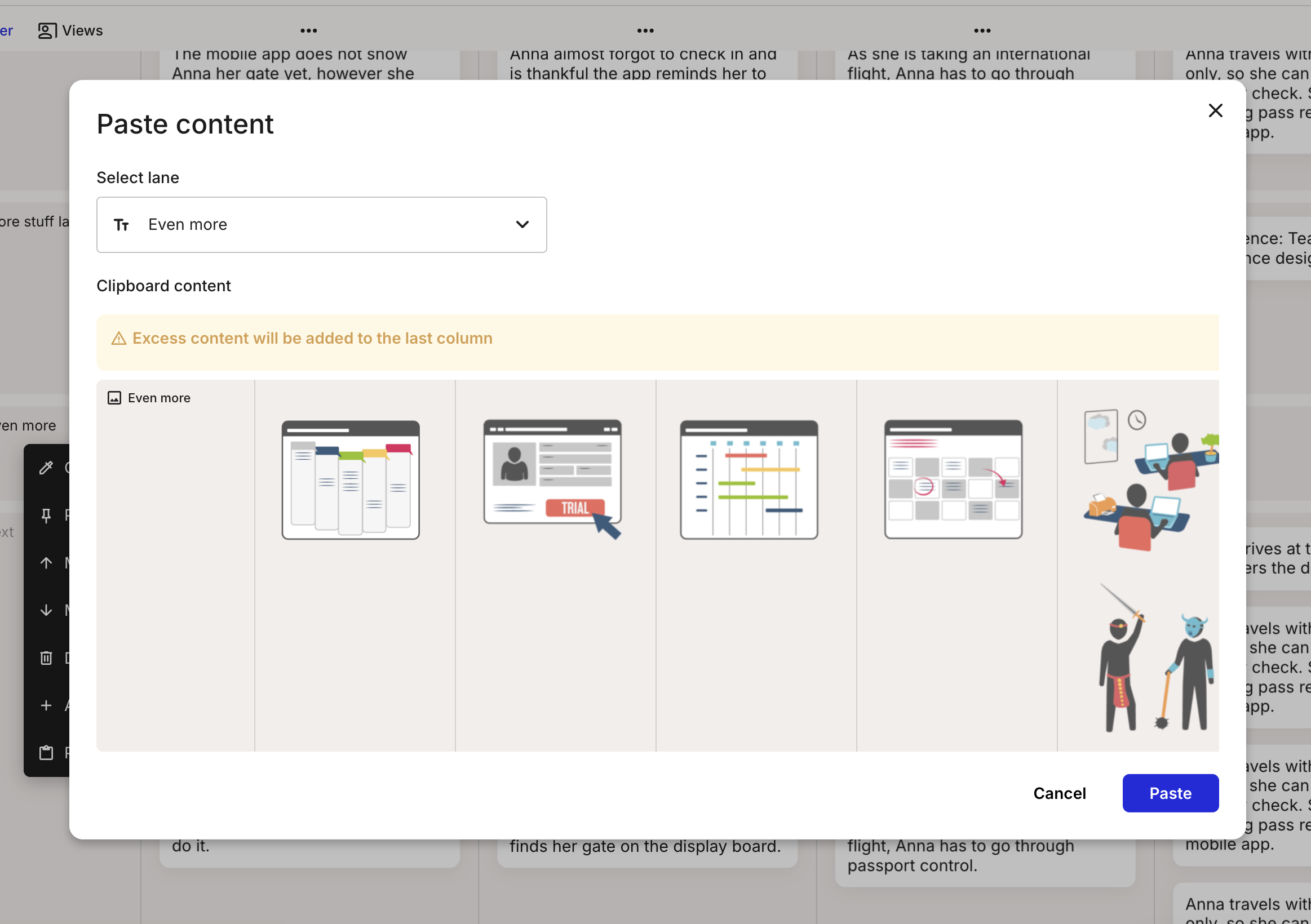 The Paste content window with a Select lane dropdown, a Clipboard content preview showing a row of cards to be created, a notice that excess content will be added to the last column, and Cancel and Paste buttons.