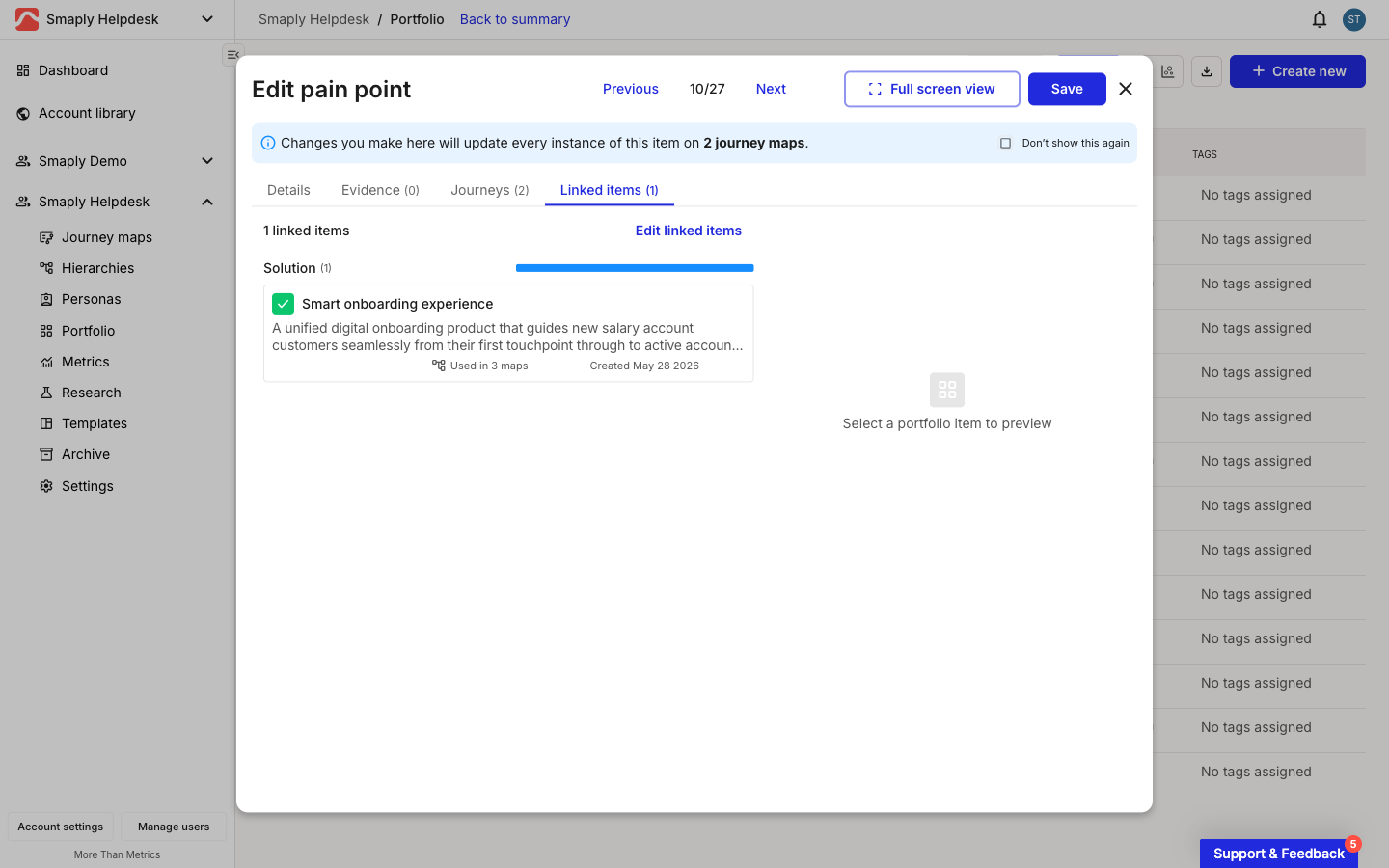 A portfolio item's Linked items tab showing one linked solution grouped under its type heading with a progress bar.