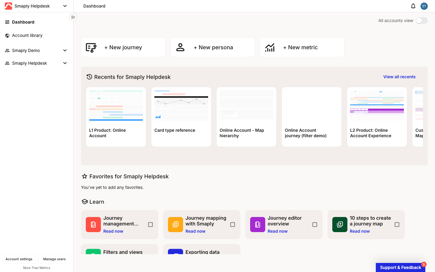 The Dashboard of your workspace. A quick-create row near the top shows three buttons: + New journey, + New persona, and + New metric.