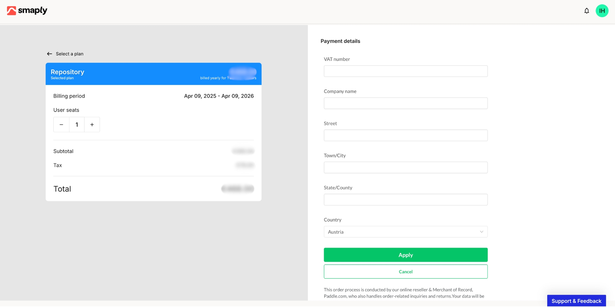 Adding a billing address, which appears after a VAT number is entered.