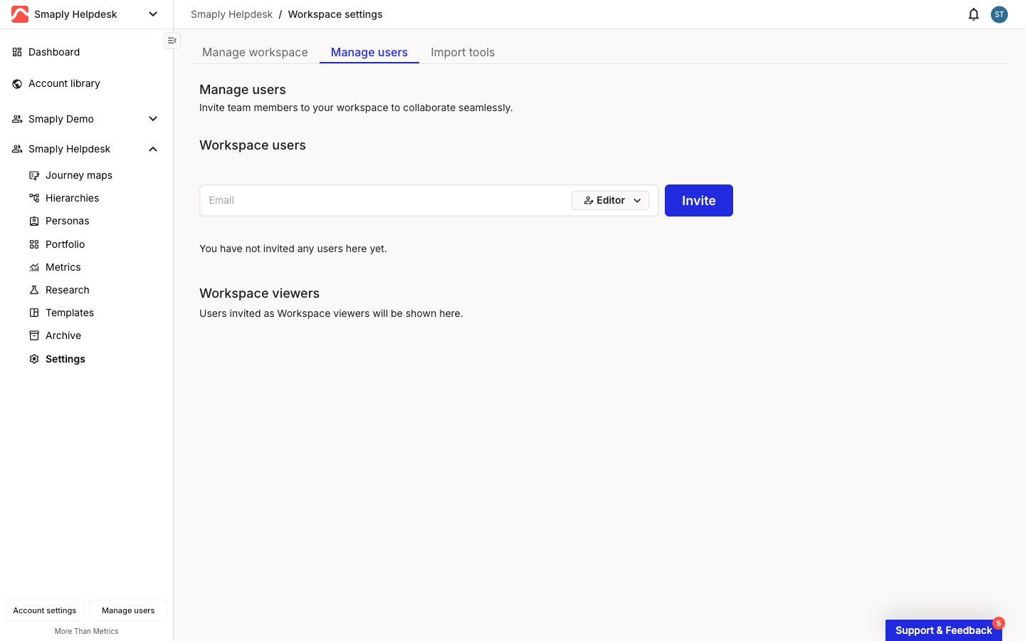 Workspace settings with the Manage users tab selected. A Workspace users section holds an email field, a role dropdown set to Editor, and an Invite button. A separate Workspace viewers section sits below.
