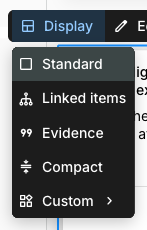 The Display menu open from a selected portfolio item card's toolbar. It lists Standard, Linked items, Evidence, Compact, and Custom, with Custom showing a submenu arrow on the right.